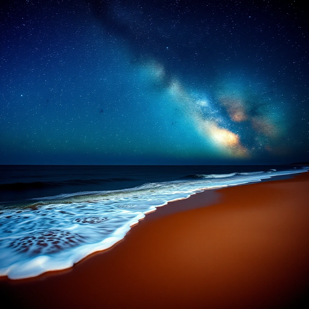 Beautiful night starry sky, beautiful sandy shore on which smoothly glowing waves roll. A feeling of magic and fairy tale — работа пользователя Величественный Мрак