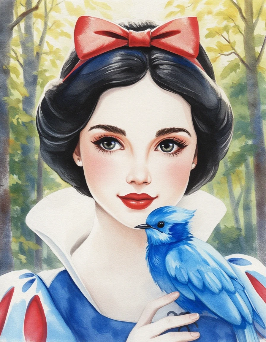 A masterpiece. Creating an image. The style is watercolor painting. Delicate watercolor on raw material.((Snow white with white delicate skin, expressive eyes, clear facial…