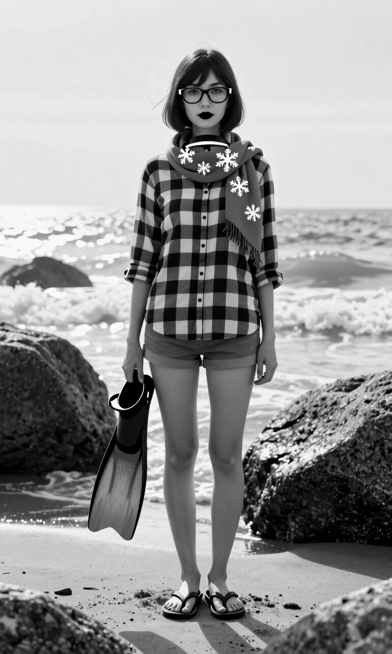 Black and white image. Woman. Medium bob hair. Rectangular glasses. Narrow vertical eyes. Scarf around neck with large snowflakes. Checkered shirt, large and small, even,…