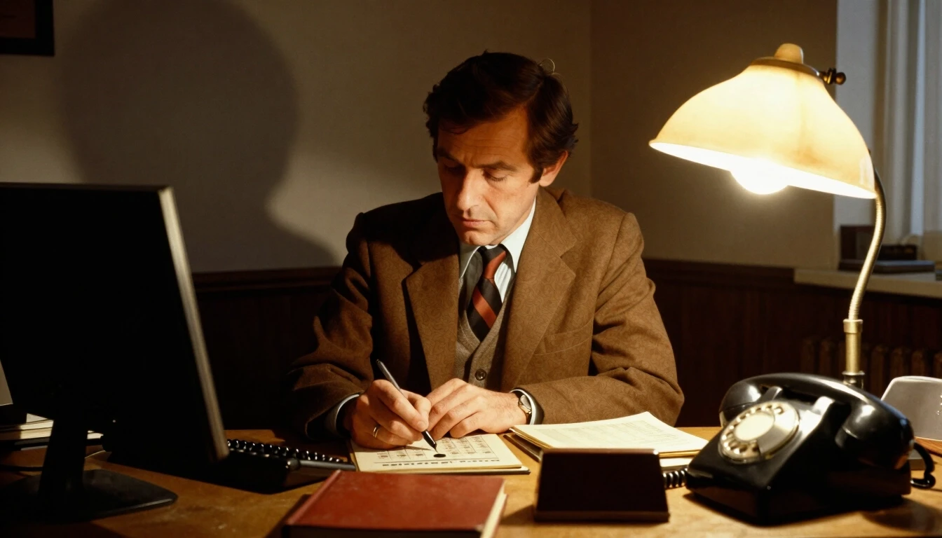 1970s writer at cluttered desk with old telephone and phone directory, vintage office, warm desk lamp lighting — работа пользователя Необыкновенный Фенрир