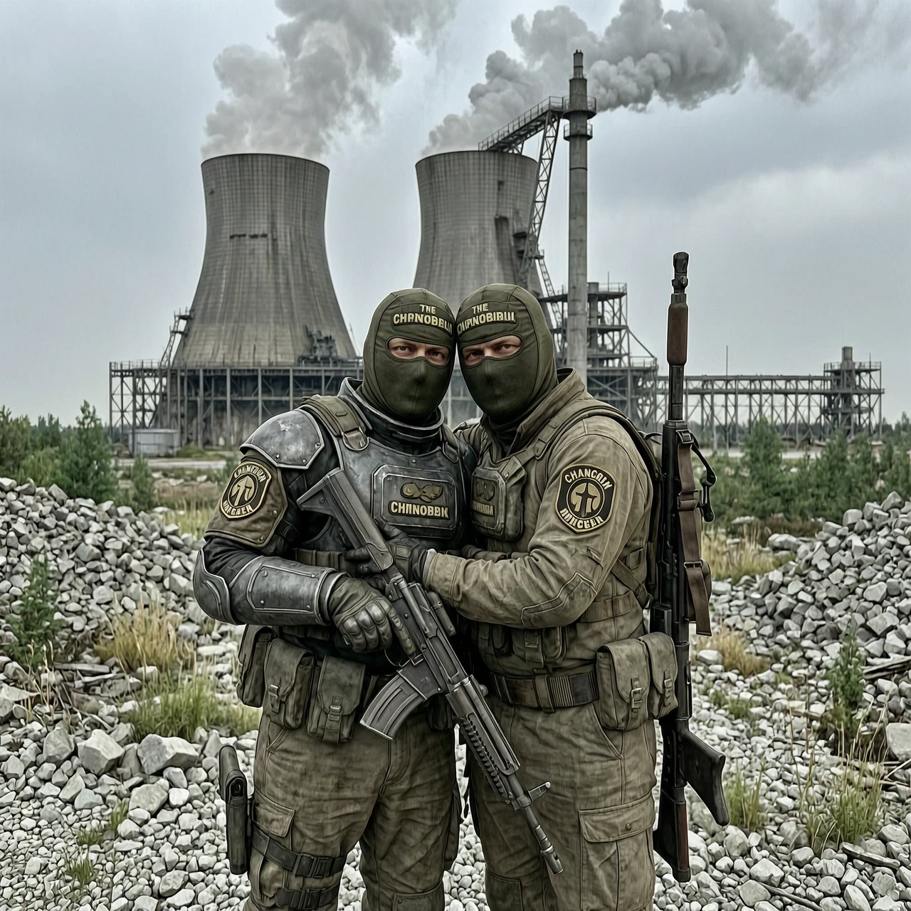 Create two characters from the game Stalker with these patches, wearing armor and carrying weapons, with their faces covered by masks, embracing each other against the backdrop…