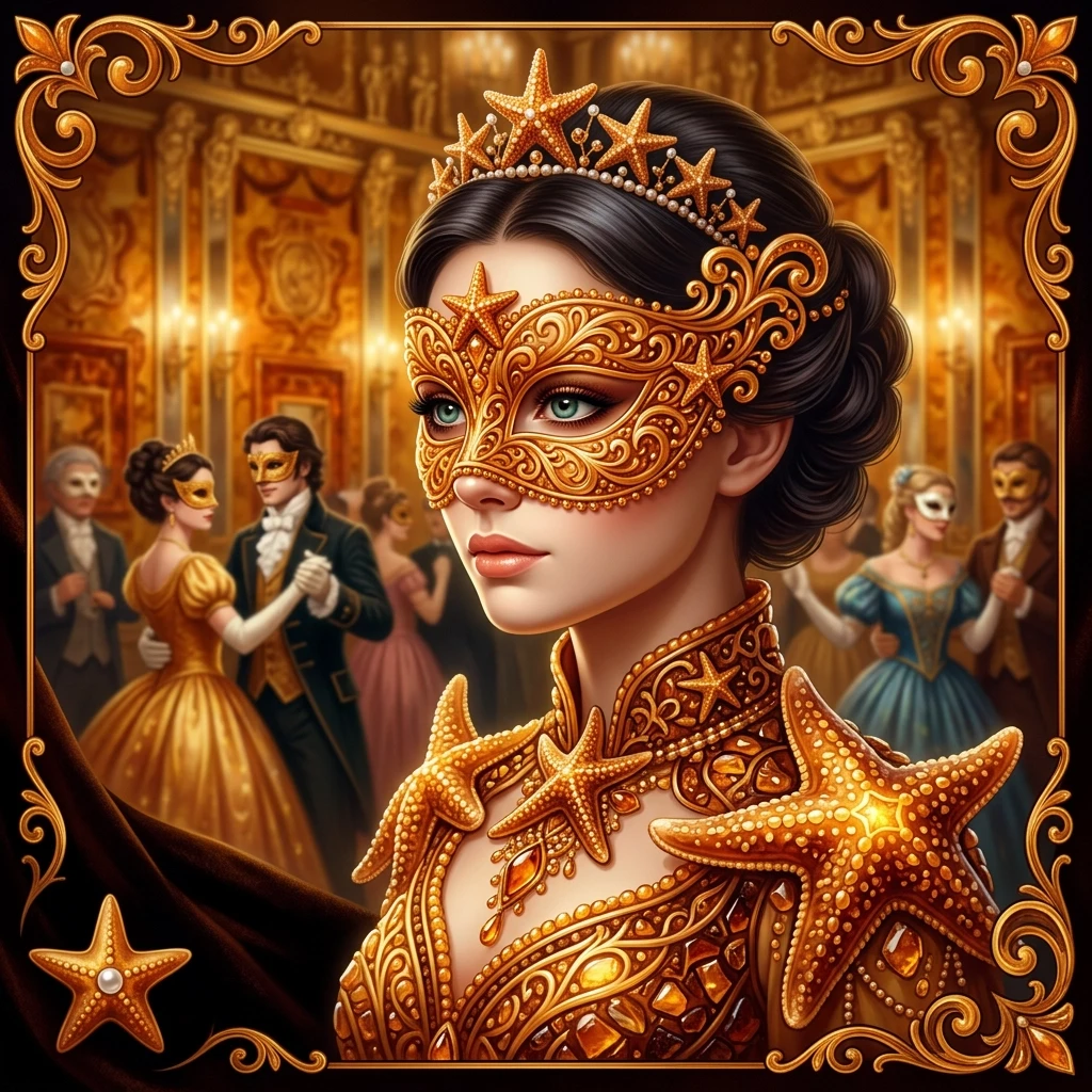 Background: Masquerade Chess Ball in the Amber Room. Ladies and men in masks. Young couples. The foreground. (Chess queen in amber style) She is dressed in a starfish costume in…