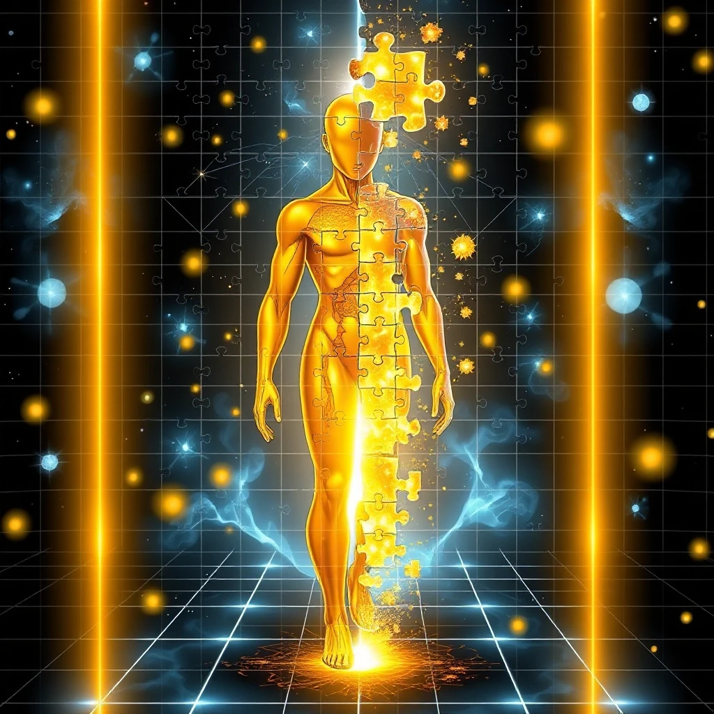 A human figure reassembling from puzzle pieces of light. Each piece floats into place, forming a glowing whole. The background is a cosmic grid of energy. Style: sci-fi comic…