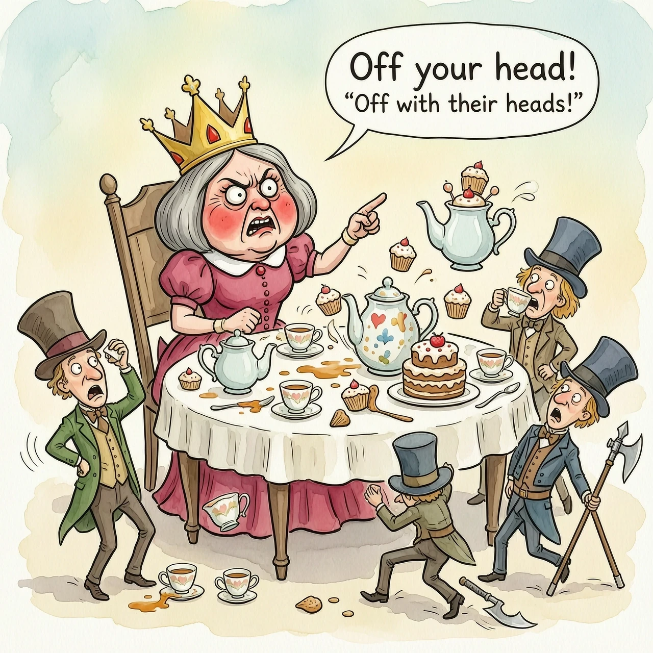 (masterpiece:1.8, acrylic painting:1.5, best quality:1.6, ultra-detailed:1.6). A bizarre and funny image (of the Queen of Hearts), who, sitting at a crazy tea table, angrily…