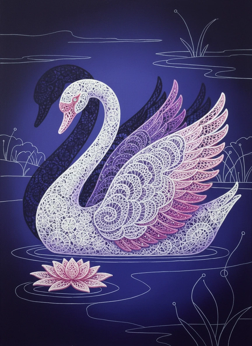 An abstract painting, an intricate and colorful abstract design, a stylized scene. The figure of a white swan, crocheted. Thin white lace patterns. A slight gradient, a shade…