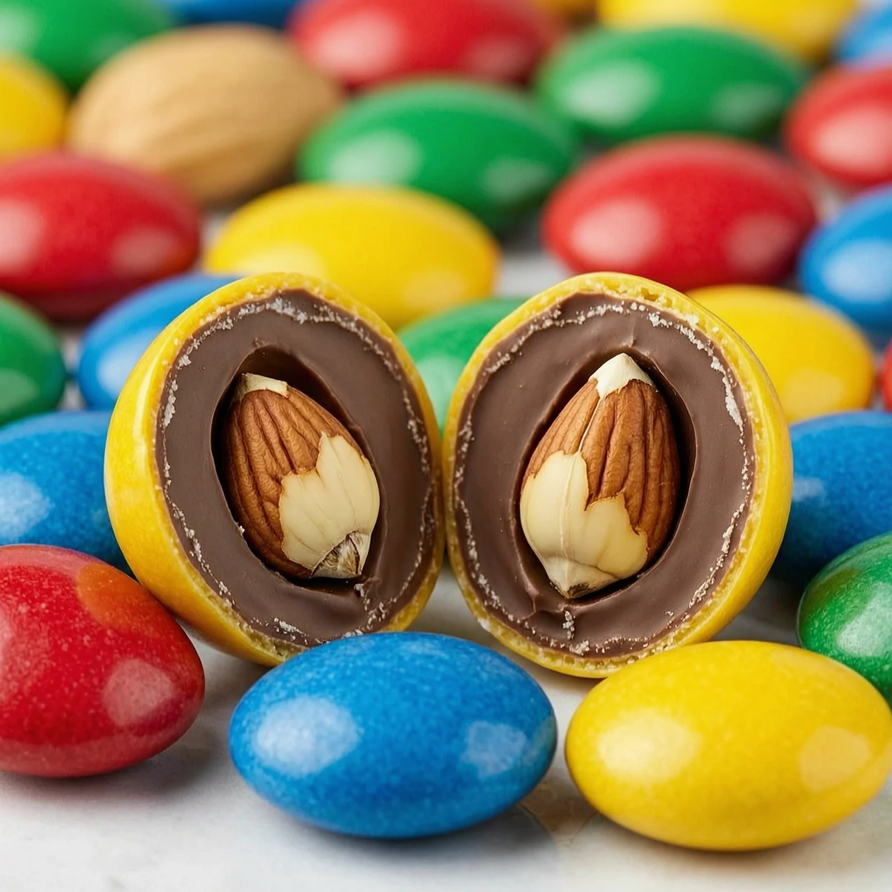 Макрофотография аппетитного драже M&amp;M's, разрезанного ровно пополам. Внутри цветной хрустящей глазури и слоя нежного молочного шоколада находится цельный, идеально…