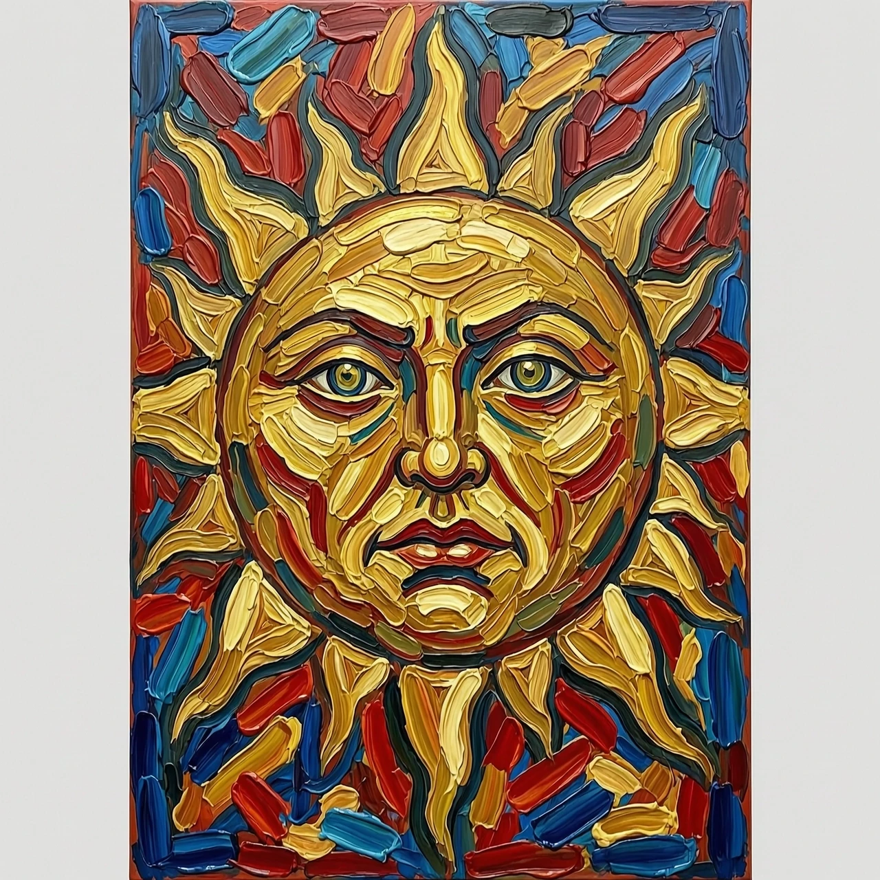 Expressionist 9:16 artwork of a gold sun distorted by thick, energetic strokes, intense colors, no text. — работа пользователя Прозрачный Заряд