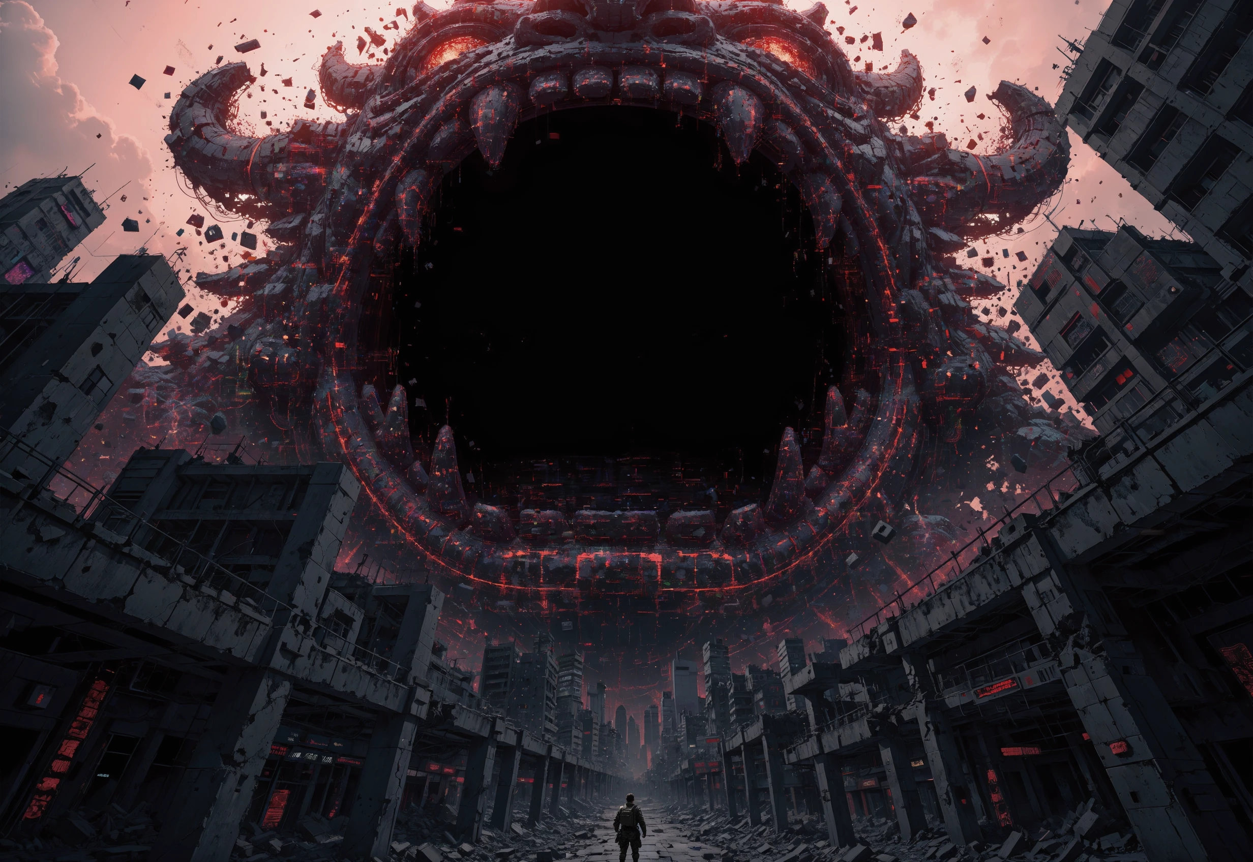 An intense, panoramic digital illustration in a gritty cyberpunk style, depicting a colossal Taotie, the ancient beast of gluttony, devouring a ruined metropolis. The gargantuan…