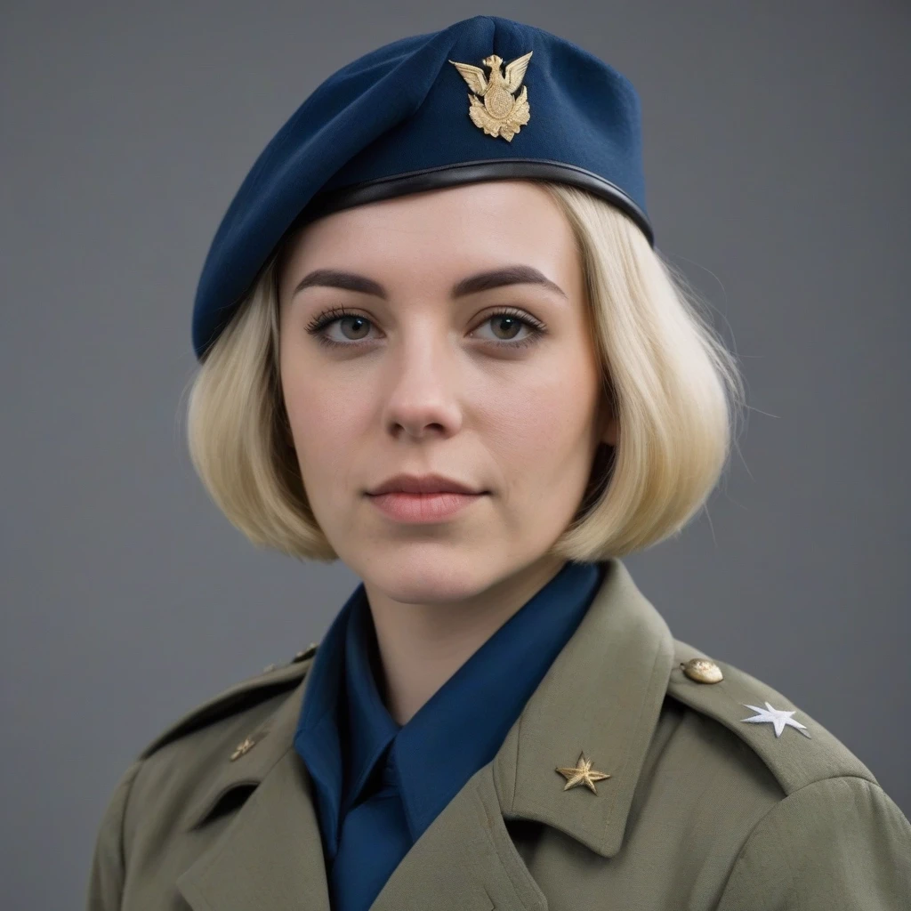 Женщина 30 лет, блондинка, стрижка карэ. Одета в голубую военную форму. Без головного убора, без медалей, без погон и без знаков отличия. Взгляд направлен в камеру. — работа…