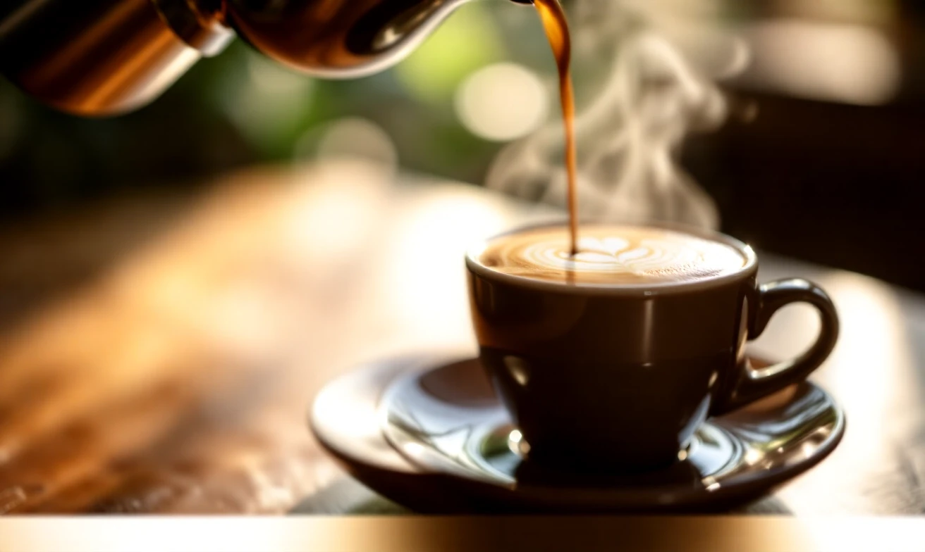 Cinematic premium coffee commercial, warm sophisticated atmosphere, realistic photography, shallow depth of field, beautiful natural morning light, subtle film grain, elegant…