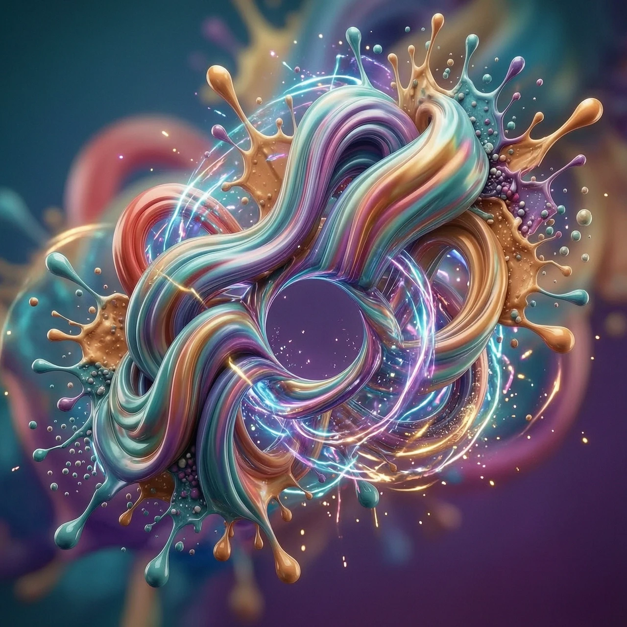 Abstract 3D background for a rhythm game application, dynamic fluid motion, intricate intertwining of vibrant neon silk ribbons and liquid chromatic waves, flowing iridescent…