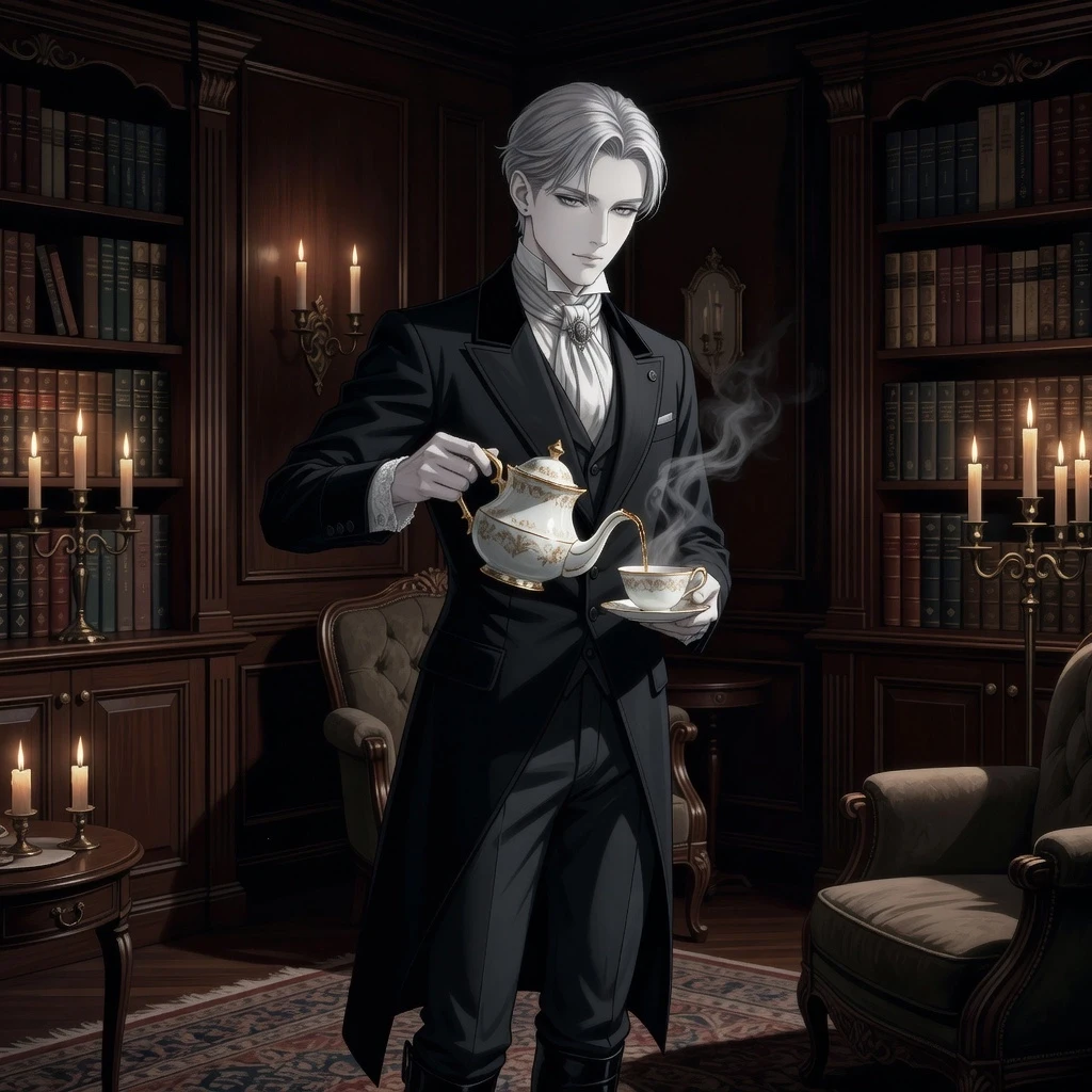 A high-quality anime-style illustration depicting a young man with noticeably ash-pale skin and a refined appearance, dressed in aristocratic Victorian-era attire. His graceful,…