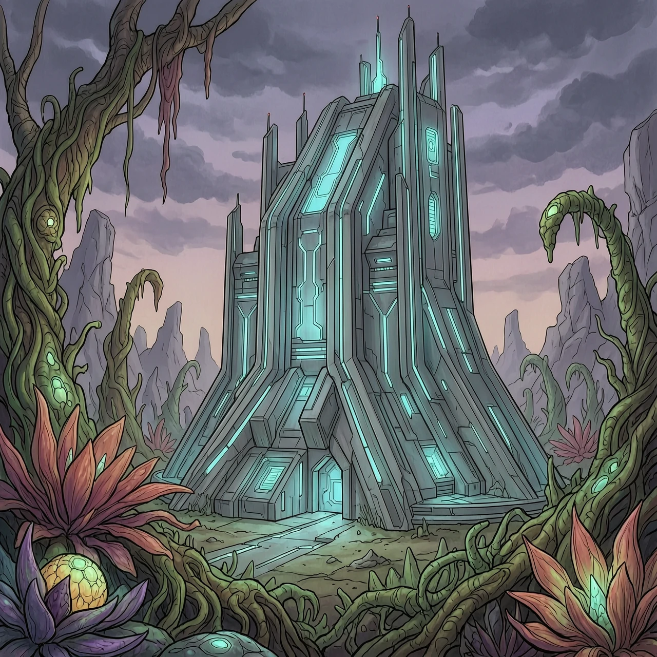 A human colony on an unknown planet, a huge futuristic building, surrounded by hostile flora, — работа пользователя Кисть художника