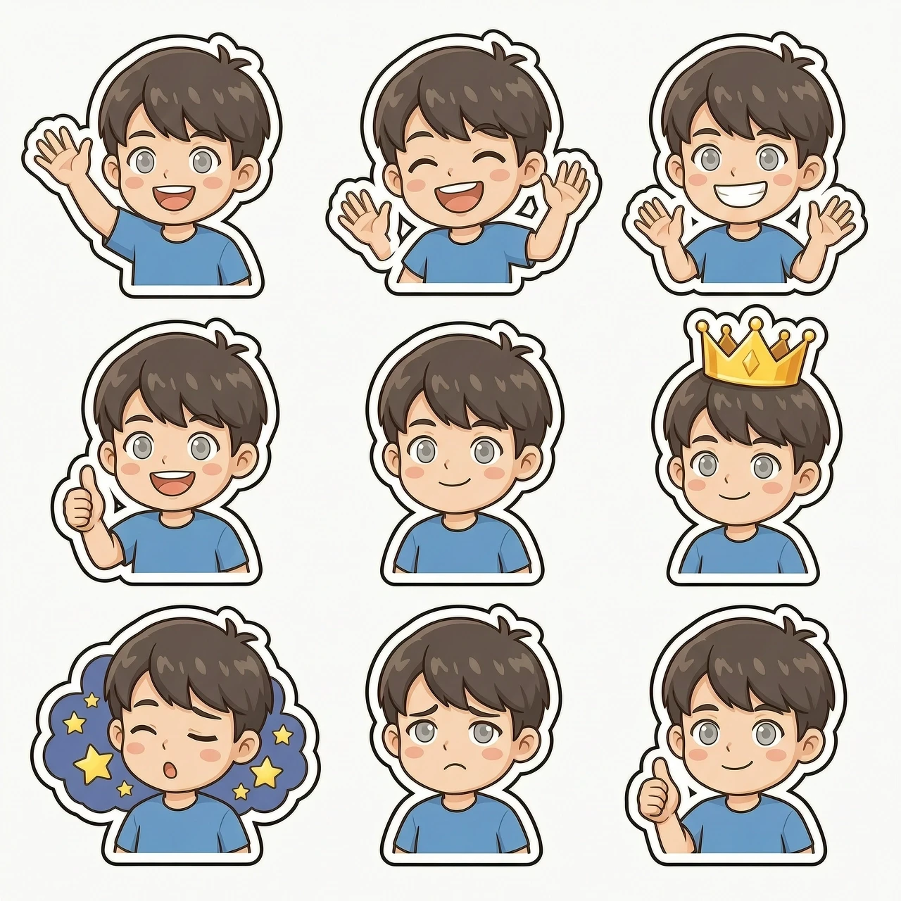 Sticker sheet featuring a 3x3 grid of 9 distinct stickers of the character from the uploaded photo, maintaining absolute facial identity: exact eyes, nose, lips, jawline,…
