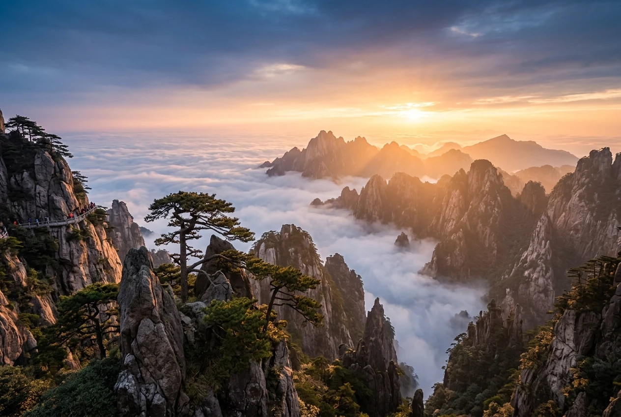 Majestic Huangshan (Yellow Mountains) in China at sunrise: sharp granite peaks rising above a sea of clouds, ancient twisted pine trees growing on the cliffs, soft golden…