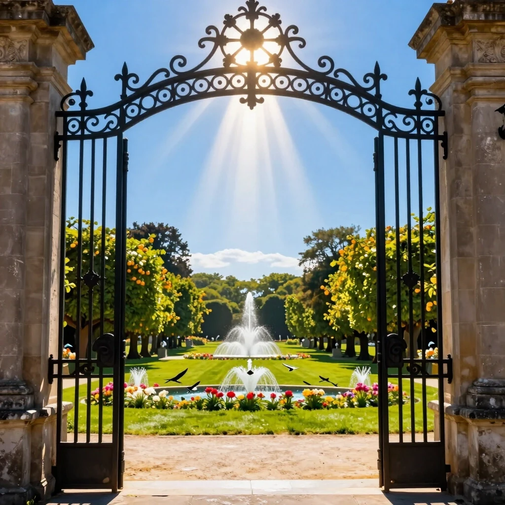 light, forged gates. Light streams from behind the gates. Beyond the gates is a sunny meadow, blue sky, fruit trees, birds, flowers, fountains. Everything is permeated with…