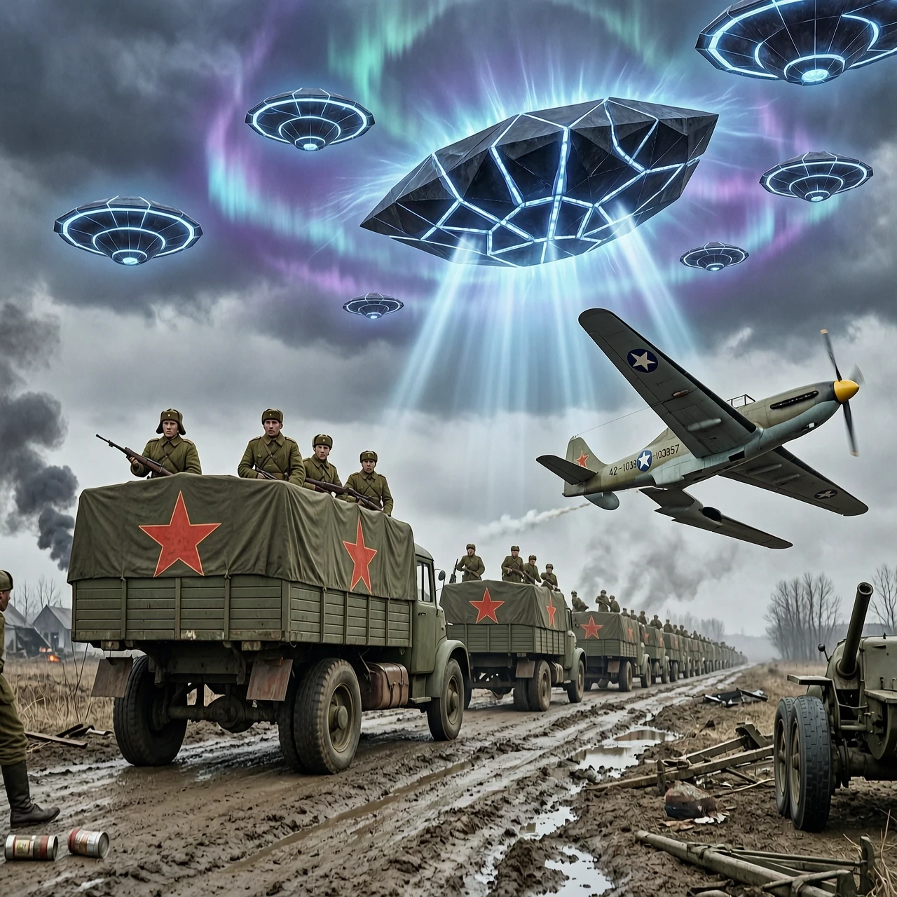 Советская колонна на дороге 1944 года американские истребители, совершающие резкий разворот от нее и инопланетный космический корабль в небе - нарисовать на американских…