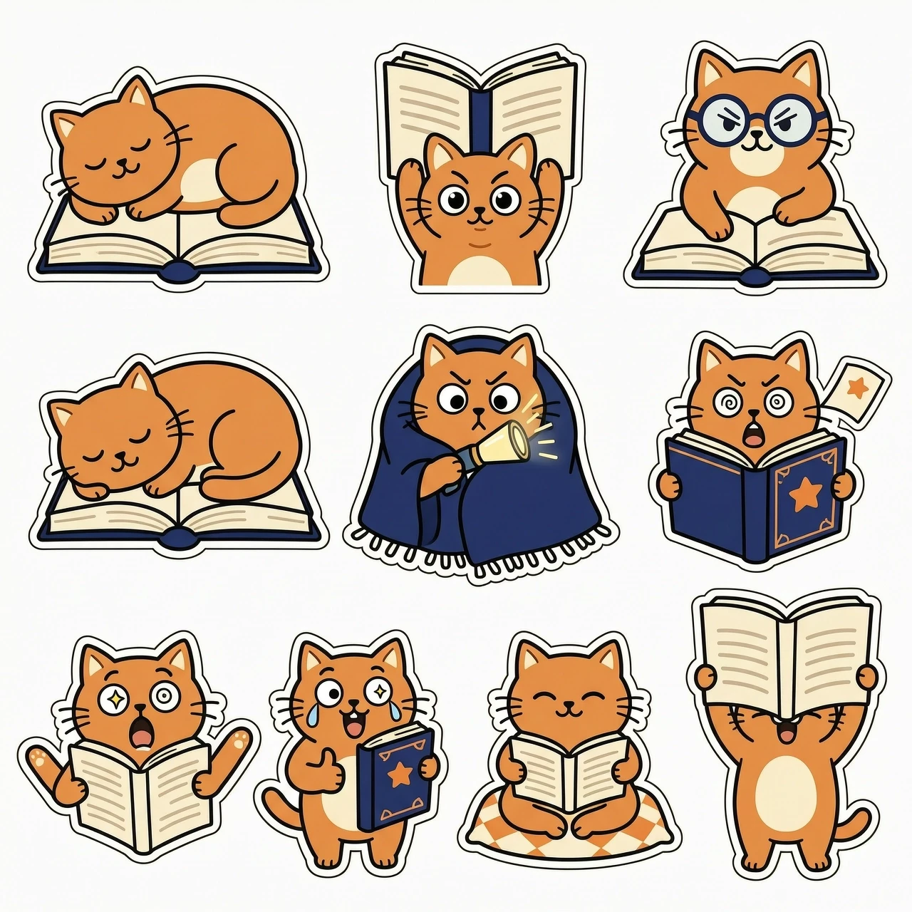 Set of 10 minimalist vector stickers with transparent background, featuring cute cartoon cats reading books: cat lying on a book, cat holding a book upside down, cat with…
