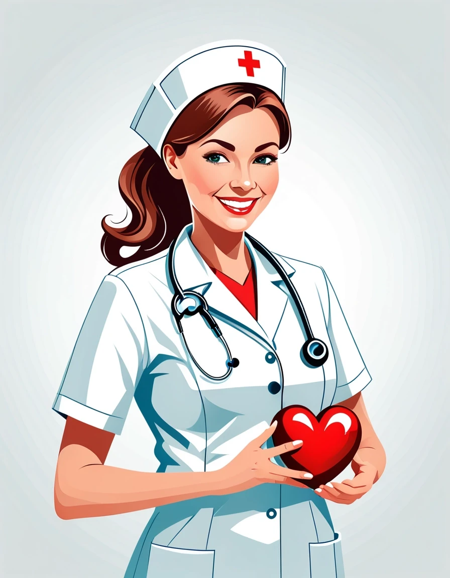 Professional vector graphics on a pristine white background. Nurse smiling, pressure measurement, heart health. — работа пользователя Радужный Чародей