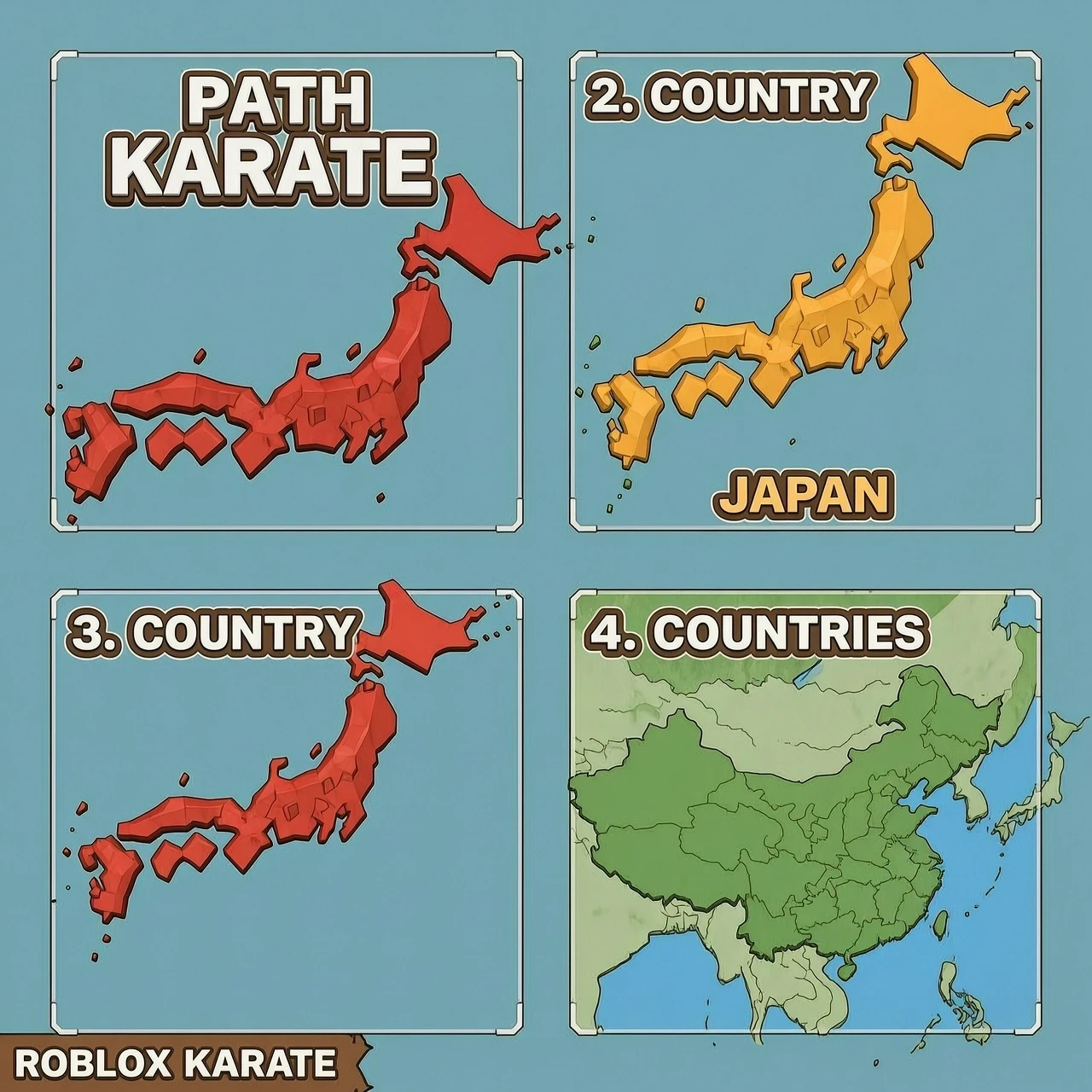 Create a fictional map of 4 countries for the Roblox game Path Karate. The name is on the left, the country is Japan, in 3D. — работа пользователя Пылающий Оптодиод