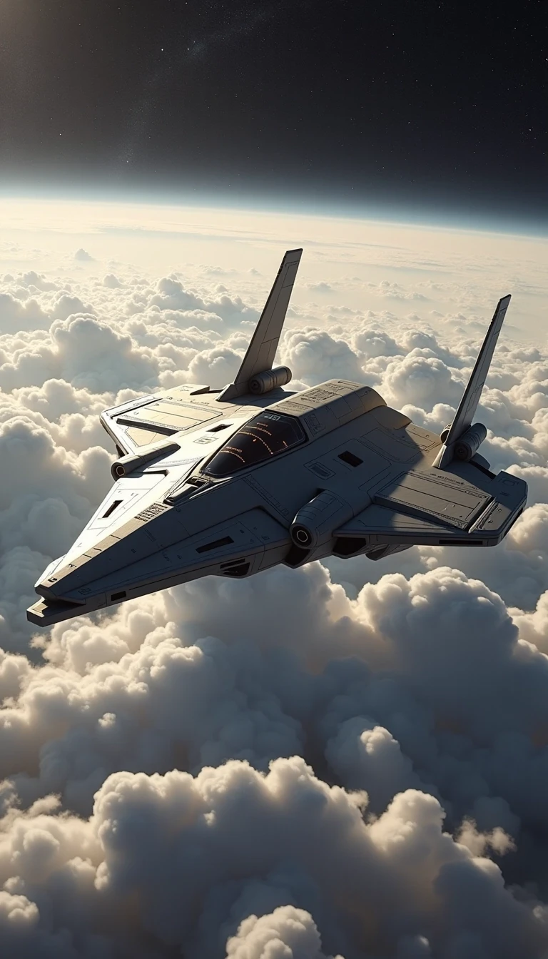 Cinematic sci-fi shot of an aggressive, angular dark grey spaceship hovering in the upper stratosphere. The ship features flat, vertical, weakly glowing pale gray wing plates.…