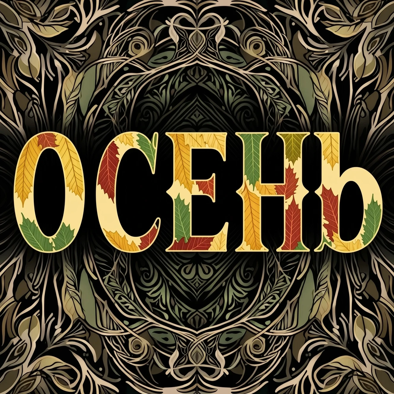 Digital image with double exposure and overlay of layers and textures. Vector graphics. The word "OCEHb" is made of gold, crimson and green skeletonized textured…