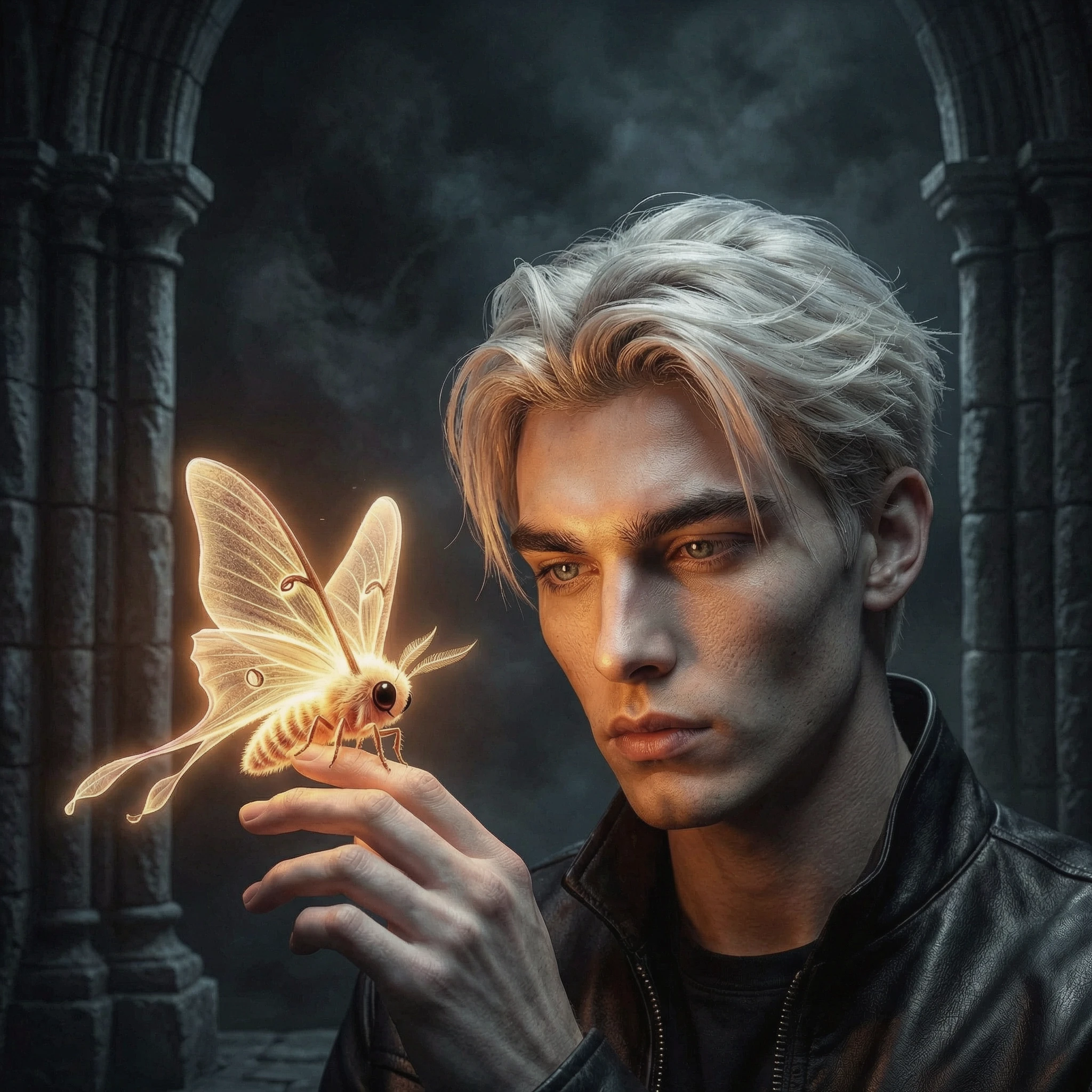 An indie-pop album cover, executed in a cinematic style, in a 1:1 aspect ratio. A close-up portrait of the same stunning young man in a black leather jacket with tousled…
