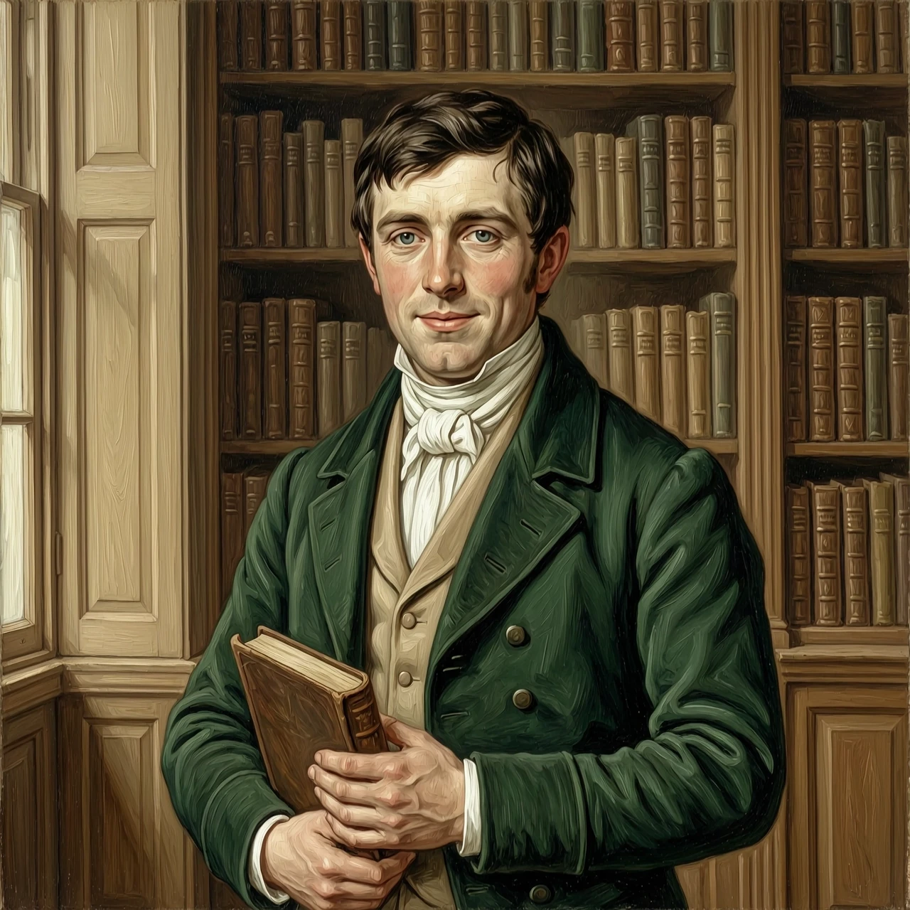 Half-body portrait of a young man, 23 years old, England, 19th century, Regency era. Simple, natural features — not ideal, not from a magazine cover, but real. Dark brown hair,…