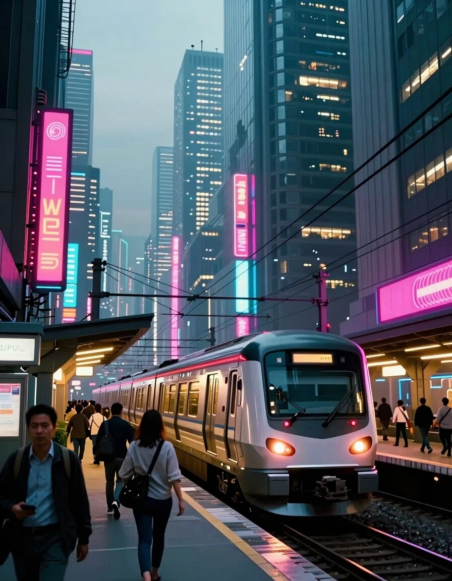 A cyberpunk-style city featuring towering skyscrapers, neon signs, and illuminated buildings, all crisscrossed by a web of wires. In the foreground, in front of the urban…