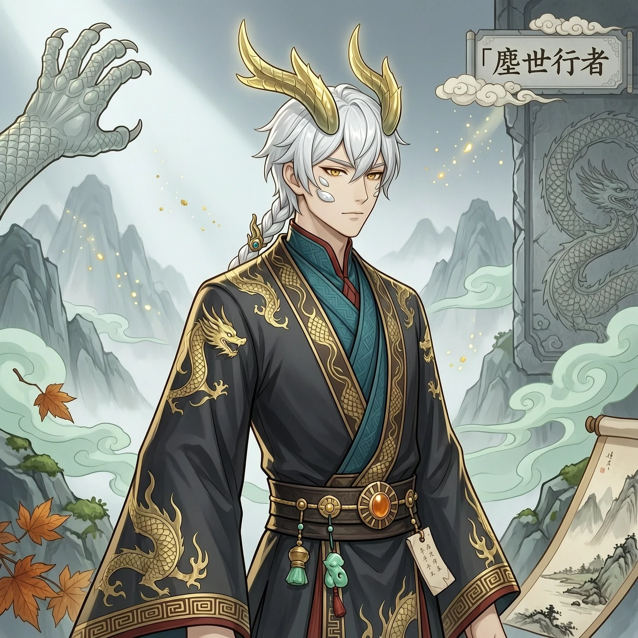 The man has horns on his head like a Chinese dragon, white hair, with 4–5 white scales on his cheeks; his hair is short and white, with one braid at the back; he is wearing a…