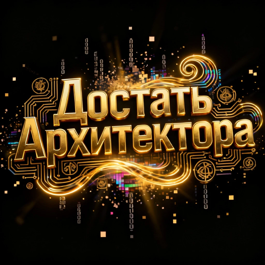 Cinematic glowing golden title text in Russian: "Достать Архитектора" with circuit-board curlicues and holographic glitch effects, sleek metallic gold letters formed…