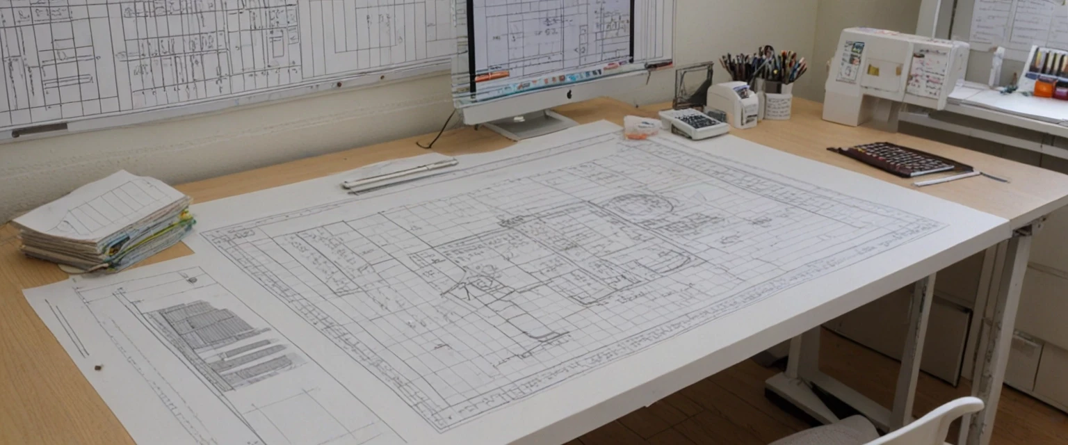 Photorealistic, frontal view of a clothing pattern design bureau. Foreground: a matte white desk with neatly arranged paper sewing patterns, transparent plastic drafting rulers…