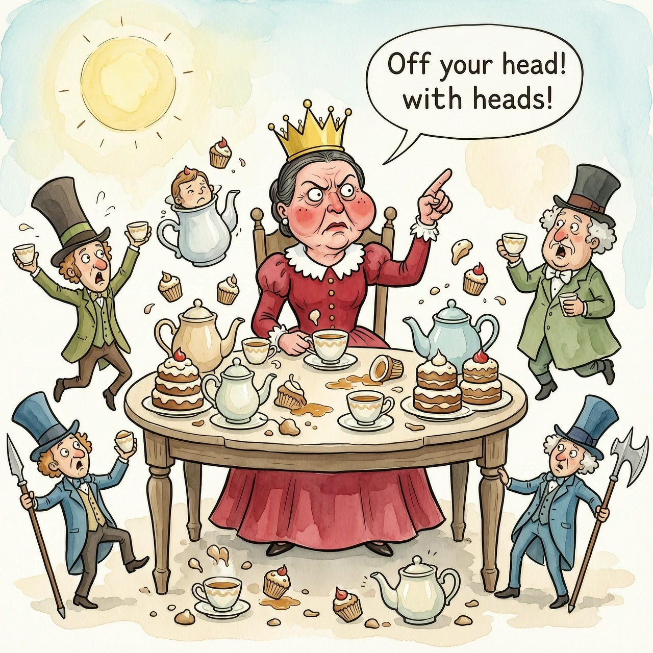 (masterpiece:1.8, acrylic painting:1.5, best quality:1.6, ultra-detailed:1.6). A bizarre and funny image (of the Queen of Hearts), who, sitting at a crazy tea table, angrily…
