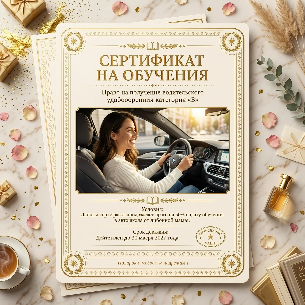 Элегантный подарочный сертификат на обучение вождению. На фоне изображена красивая молодая девушка-брюнетка с длинными темными волосами, которая с улыбкой сидит за рулем…