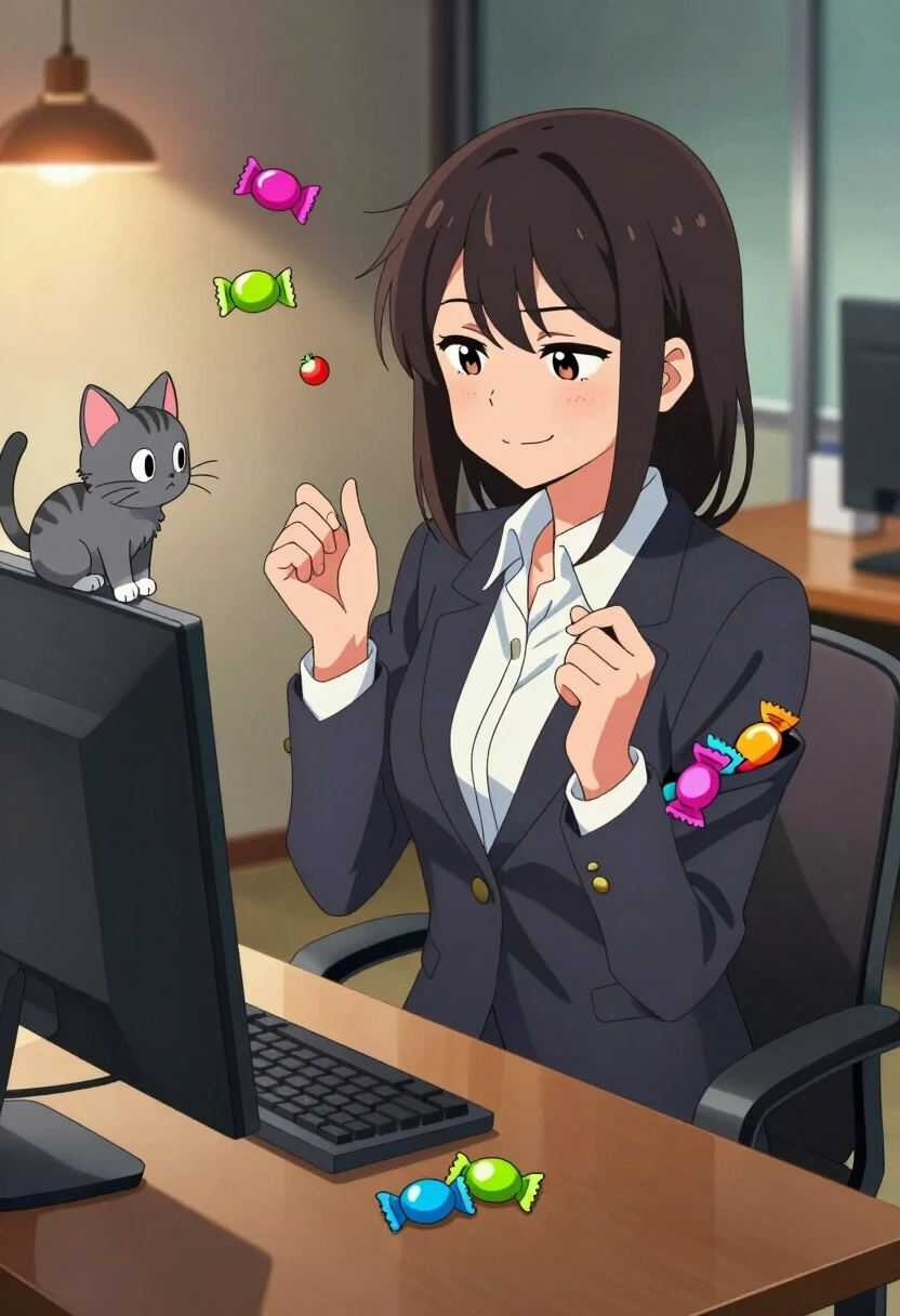 Anime style, seinen/josei aesthetic, clean line art, soft but saturated colors, strong chiaroscuro. A young office worker in a smart blazer and skirt sits at her desk,…