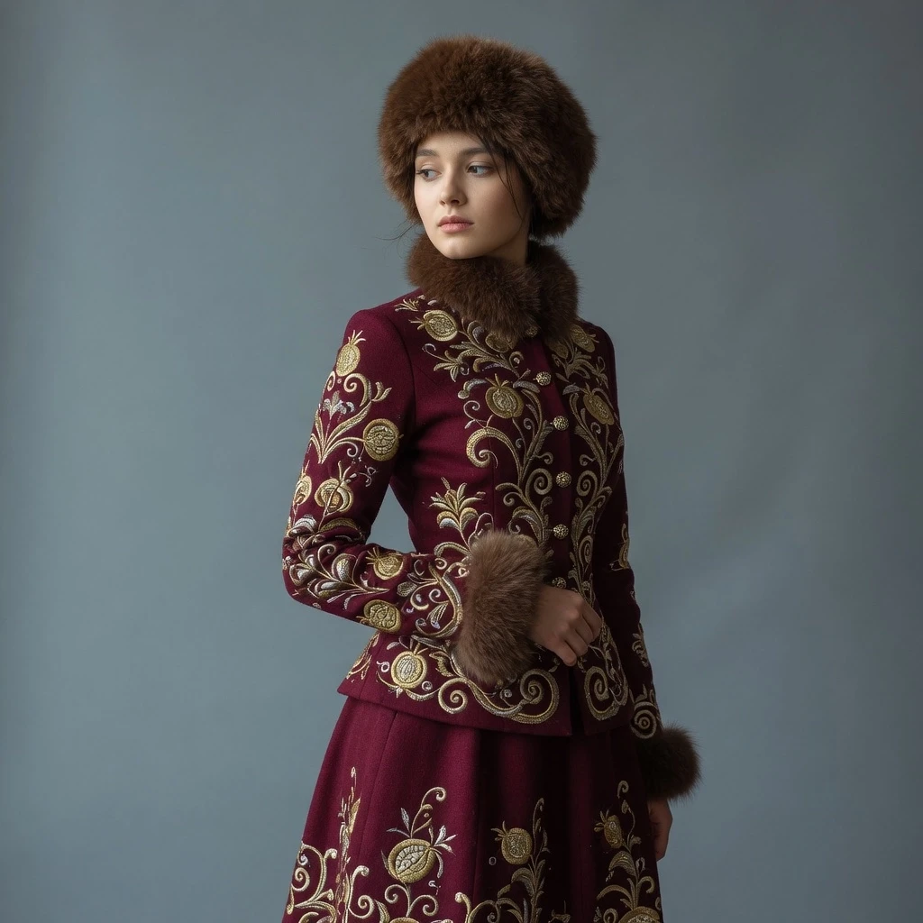 Portrait of a 22-year-old young woman, in an elegant historical costume, standing three-quarters view and looking into the distance with a slight expression of thoughtfulness.…
