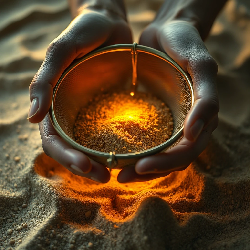Magical glowing sieve held by hands, sifting through shimmering golden sand. Dark heavy particles — representing bad, unwanted — fall through and dissolve or sink below. Bright…