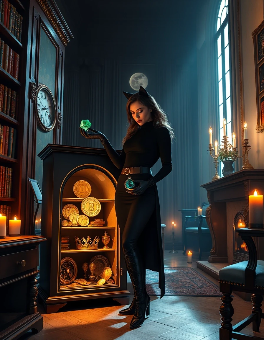Selina Kyle stands inside a luxurious private library late at night. She has opened an antique safe hidden behind a bookshelf. Inside the safe are gold coins, precious gemstones…