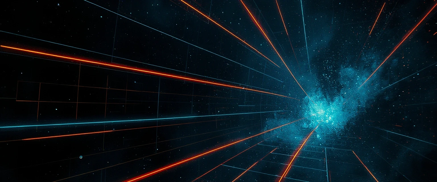 Futuristic sci-fi banner background, dark digital space, glowing neon orange and cyan geometric grid lines, Tron aesthetic, subtle tech particles, cinematic lighting,…