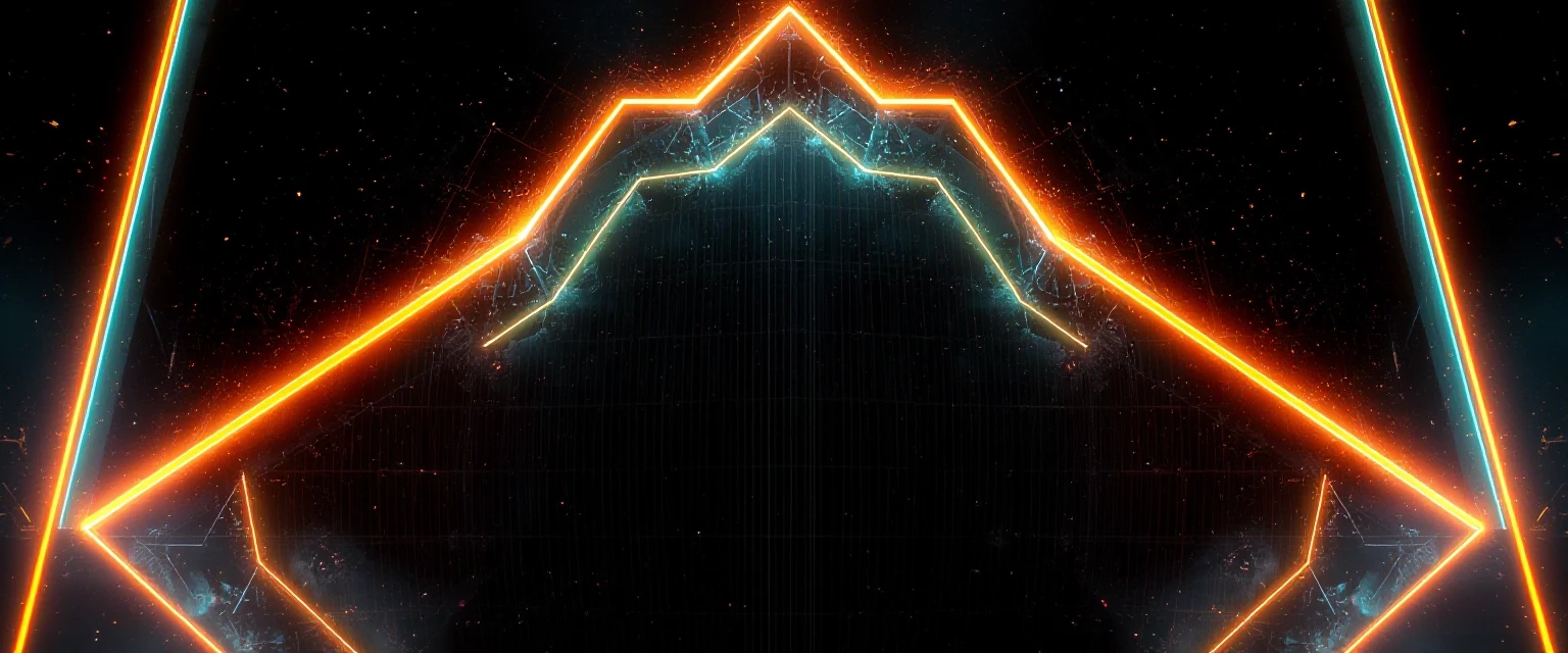 Futuristic sci-fi banner background, dark digital space, glowing neon orange and cyan geometric grid lines, Tron aesthetic, subtle tech particles, cinematic lighting,…
