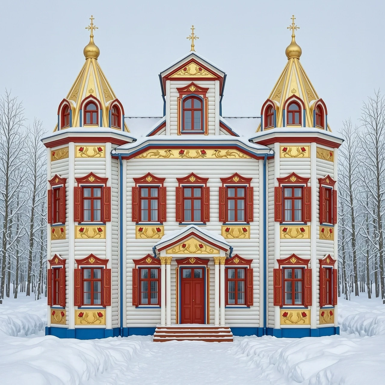 create a drawing of a tower, a royal estate, 2 floors, with turrets, kokoshniks, scarlet flowers and firebirds on tiles, carved columns, many colored murals on the facade, built…