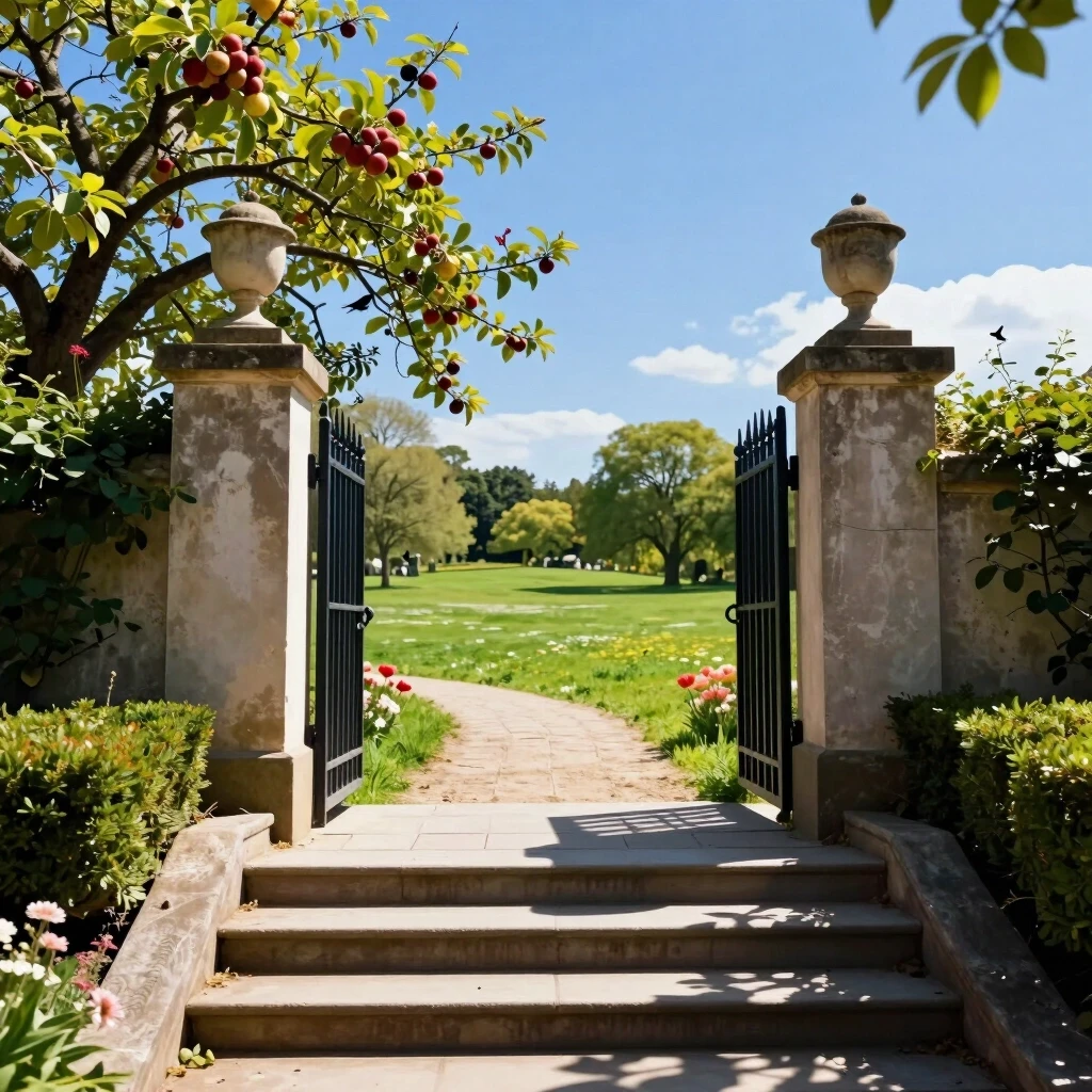 The staircase recedes into the distance, leading to a gate. Beyond the gate is a sunny meadow, blue sky, fruit trees, birds, and flowers. — работа пользователя Кристаллический…