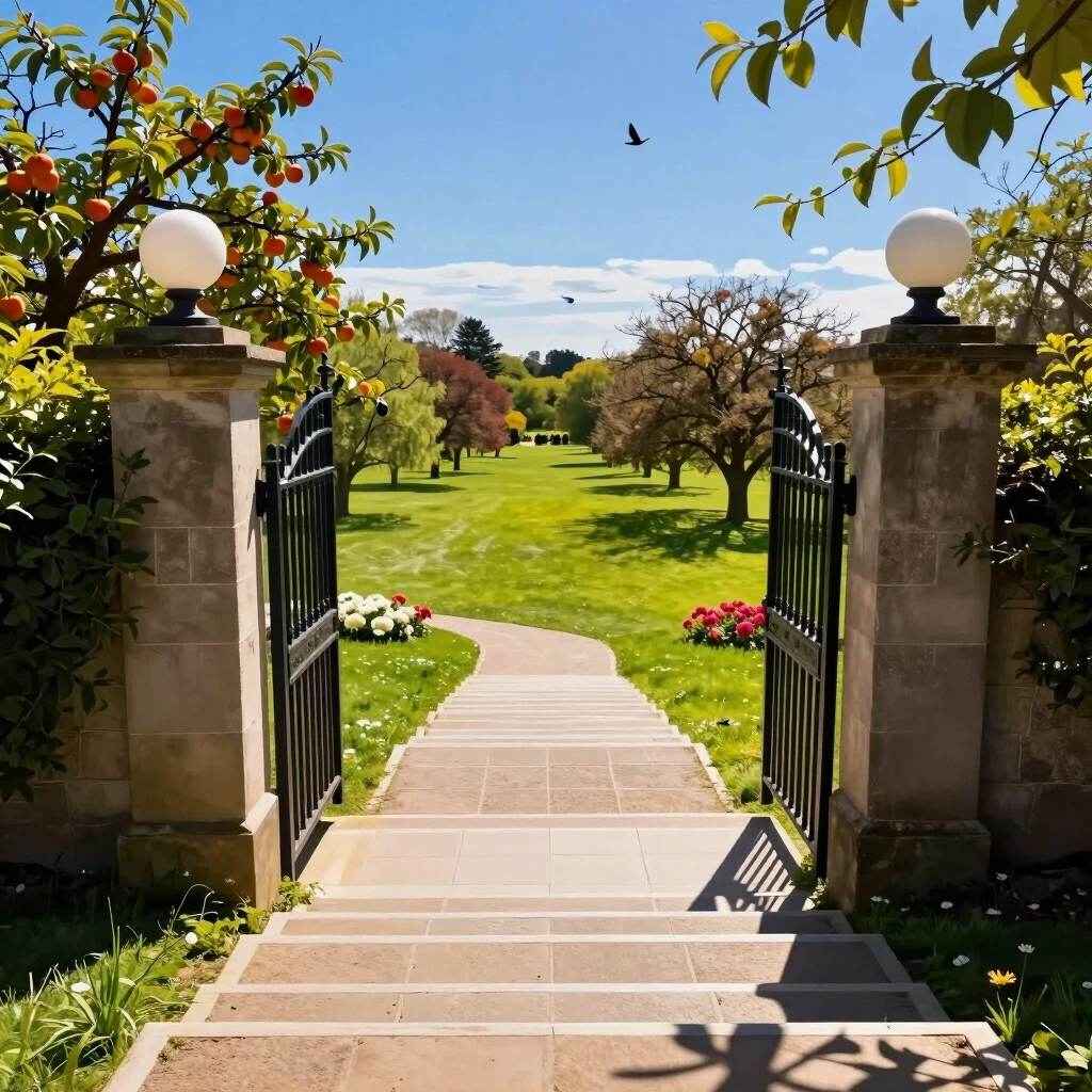 The staircase recedes into the distance, leading to a gate. Beyond the gate is a sunny meadow, blue sky, fruit trees, birds, and flowers. — работа пользователя Кристаллический…
