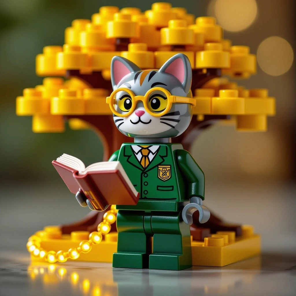 Professional 3D macro photography of a collectible stylized plastic building block minifigure. CHARACTER: Anthropomorphic Scholar Cat with small round golden spectacles printed…