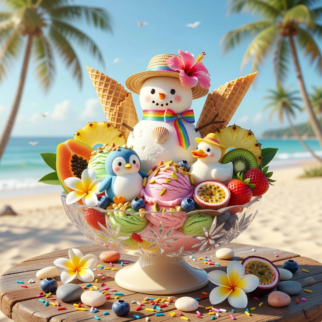 A bright, photorealistic 3D rendering of a tropical dessert in a transparent crystal carved on a creamery leg on a wooden table against the background of the beach. In the…
