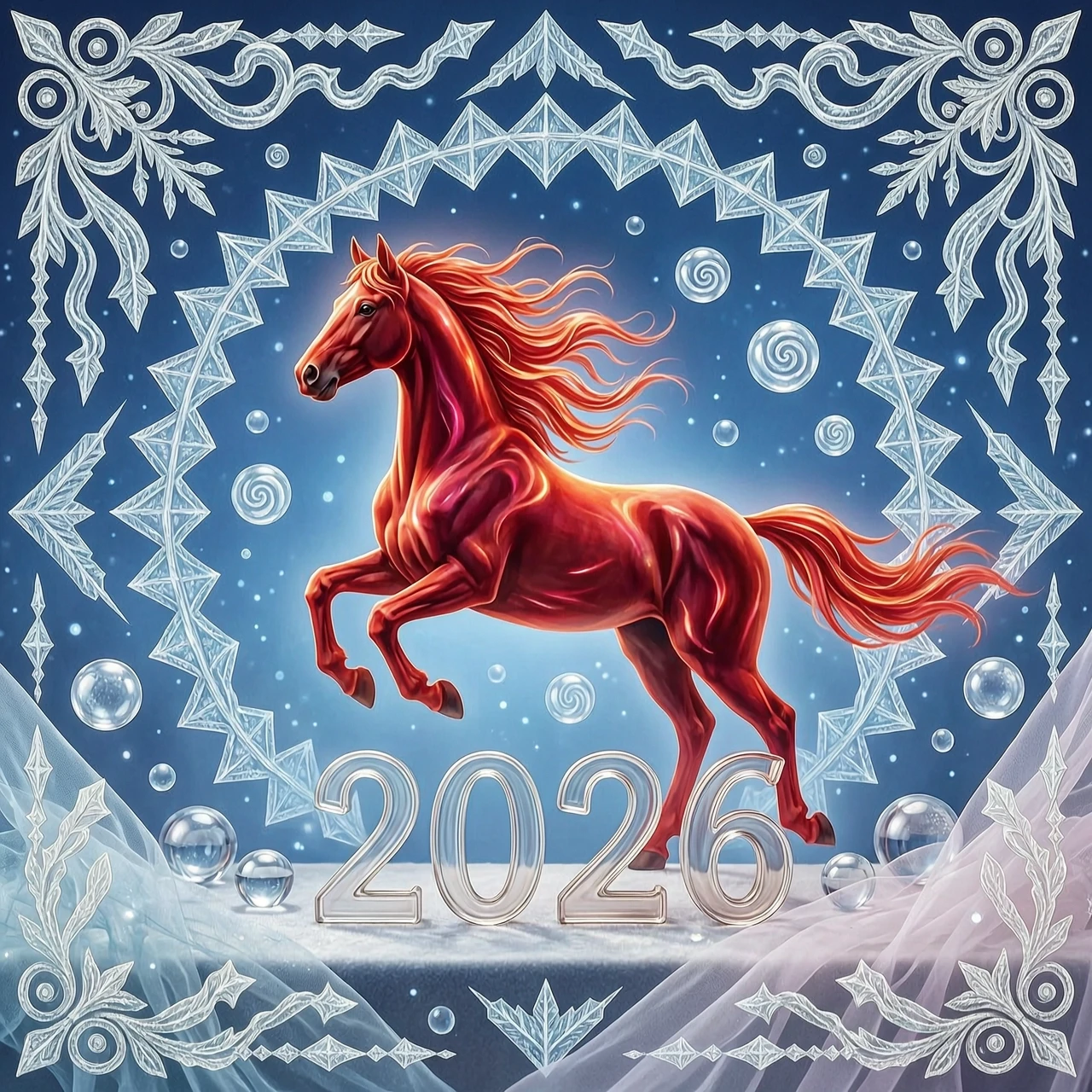 In the double exposure style. An ephemeral mythical creature in the form of a beautiful scarlet fiery horse with a long wavy mane collects the word "2026" from glass…