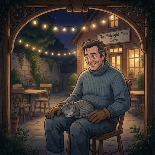 night, against the background of the dark backyard cafe. a man in a thick-knotted jeans sits in a frame, his knees are a cat. is simple, only 2D, like old Disney. — работа…