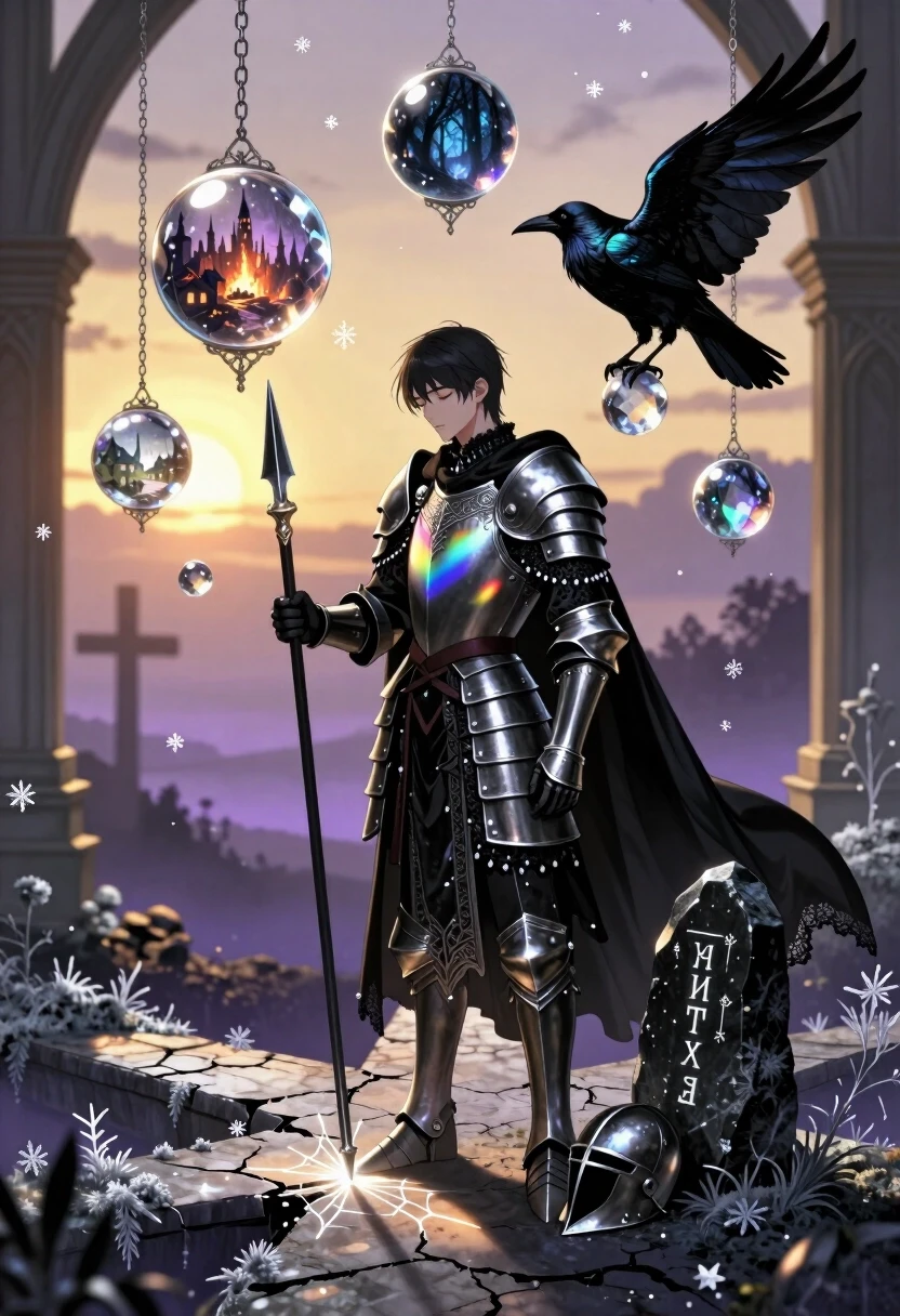 Gothic anime fantasy art, highly detailed, photorealistic rendering with ethereal atmosphere. A young bogatyr stands at a mystical crossroads, his heavy armor replaced with…