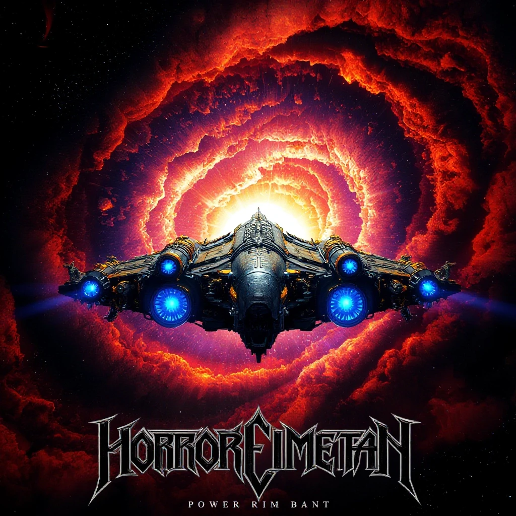 Epic album cover art for a power metal band, featuring no text. A massive ancient spaceship with glowing blue engines and golden gothic ornaments is flying directly into the…