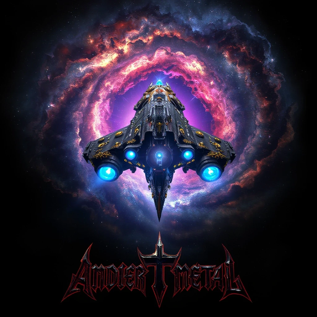 Epic album cover art for a power metal band, featuring no text. A massive ancient spaceship with glowing blue engines and golden gothic ornaments is flying directly into the…